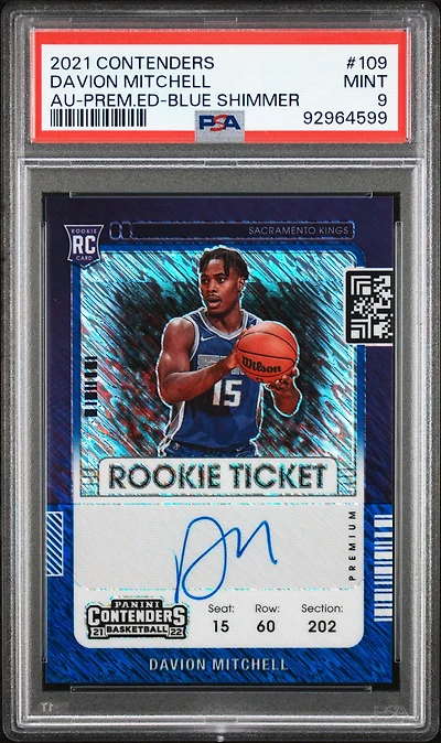 2021 Panini Contenders 109 Davion Mitchell Autograph-premium Edition-blue Shimmer PSA 9
