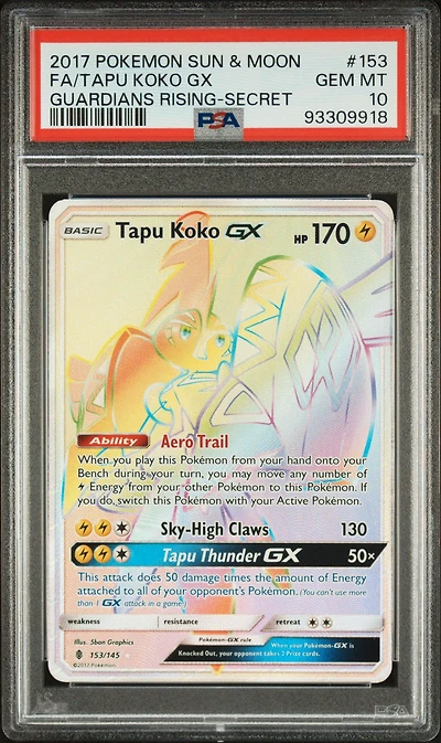 2017 Pokemon Sun & Moon Guardians Rising 153 Full Art/tapu Koko Gx Secret PSA 10