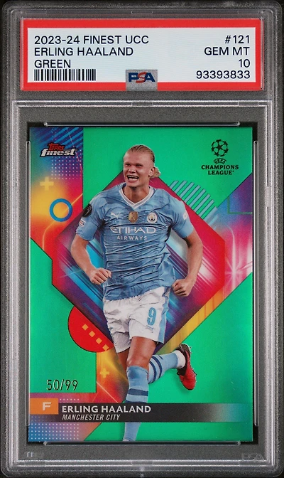2023-24 Topps Finest Uefa Club Competitions 121 Erling Haaland Green Refractor PSA 10