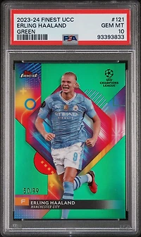 2023-24 Topps Finest Uefa Club Competitions 121 Erling Haaland Green Refractor PSA 10