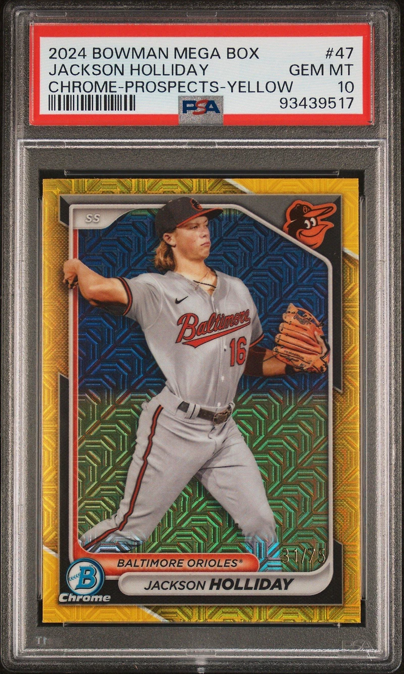 2024 Bowman Mega Box Chrome Prospects 47 Jackson Holliday Yellow PSA 10