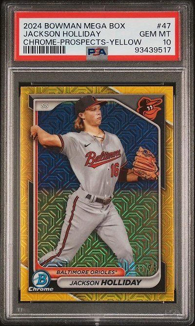 2024 Bowman Mega Box Chrome Prospects 47 Jackson Holliday Yellow PSA 10