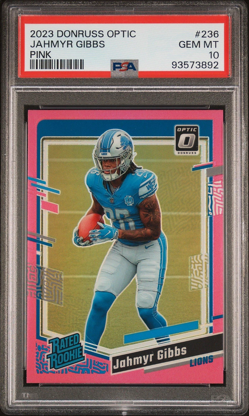 2023 Panini Donruss Optic 236 Jahmyr Gibbs Pink PSA 10