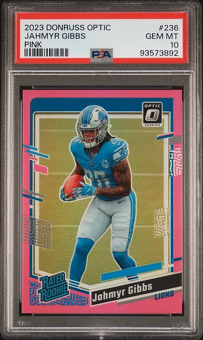 2023 Panini Donruss Optic 236 Jahmyr Gibbs Pink PSA 10