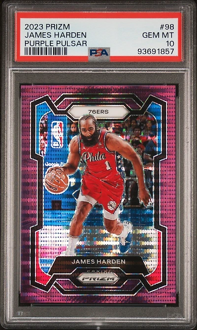 2023 Panini Prizm 98 James Harden Purple Pulsar PSA 10