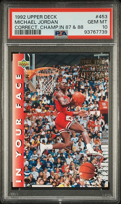 1992 Upper Deck 453 Michael Jordan Correct, Champ.in 87 & 88 PSA 10