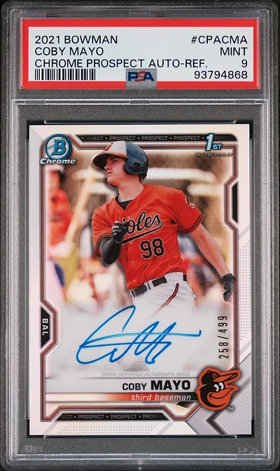 2021 Bowman Chrome Prospect Autographs Cpacma Coby Mayo Refractor PSA 9