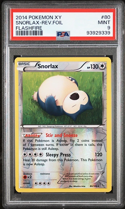 2014 Pokemon Xy Flashfire 80 Snorlax-reverse Foil PSA 9
