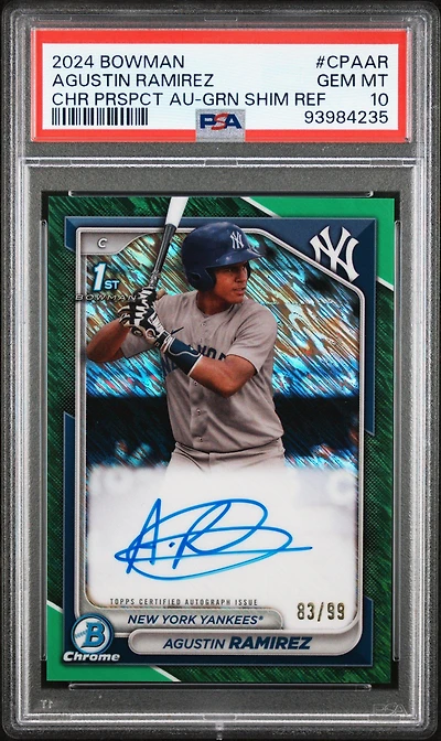 2024 Bowman Chrome Prospect Autographs Cpaar Agustin Ramirez Green Shimmer Refractor PSA 10