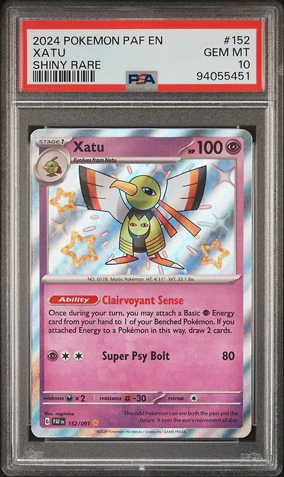 2024 Pokemon Paf En-paldean Fates 152 Xatu Shiny Rare PSA 10