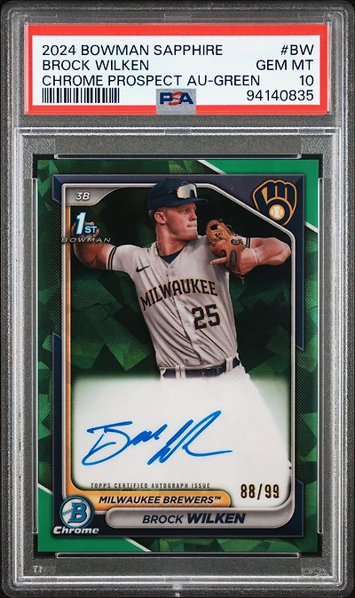 2024 Bowman Sapphire Edition Chrome Prospects Sapphire Autographs Bw Brock Wilken Green PSA 10