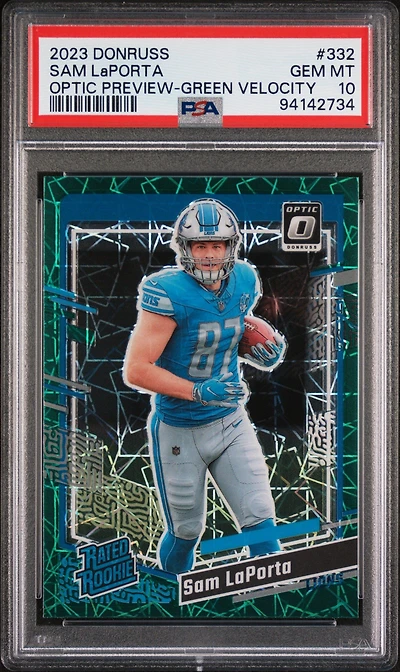 2023 Panini Donruss 332 Sam Laporta Optic Preview-green Velocity PSA 10