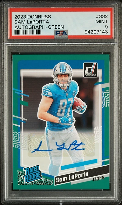 2023 Panini Donruss 332 Sam Laporta Autograph-green PSA 9