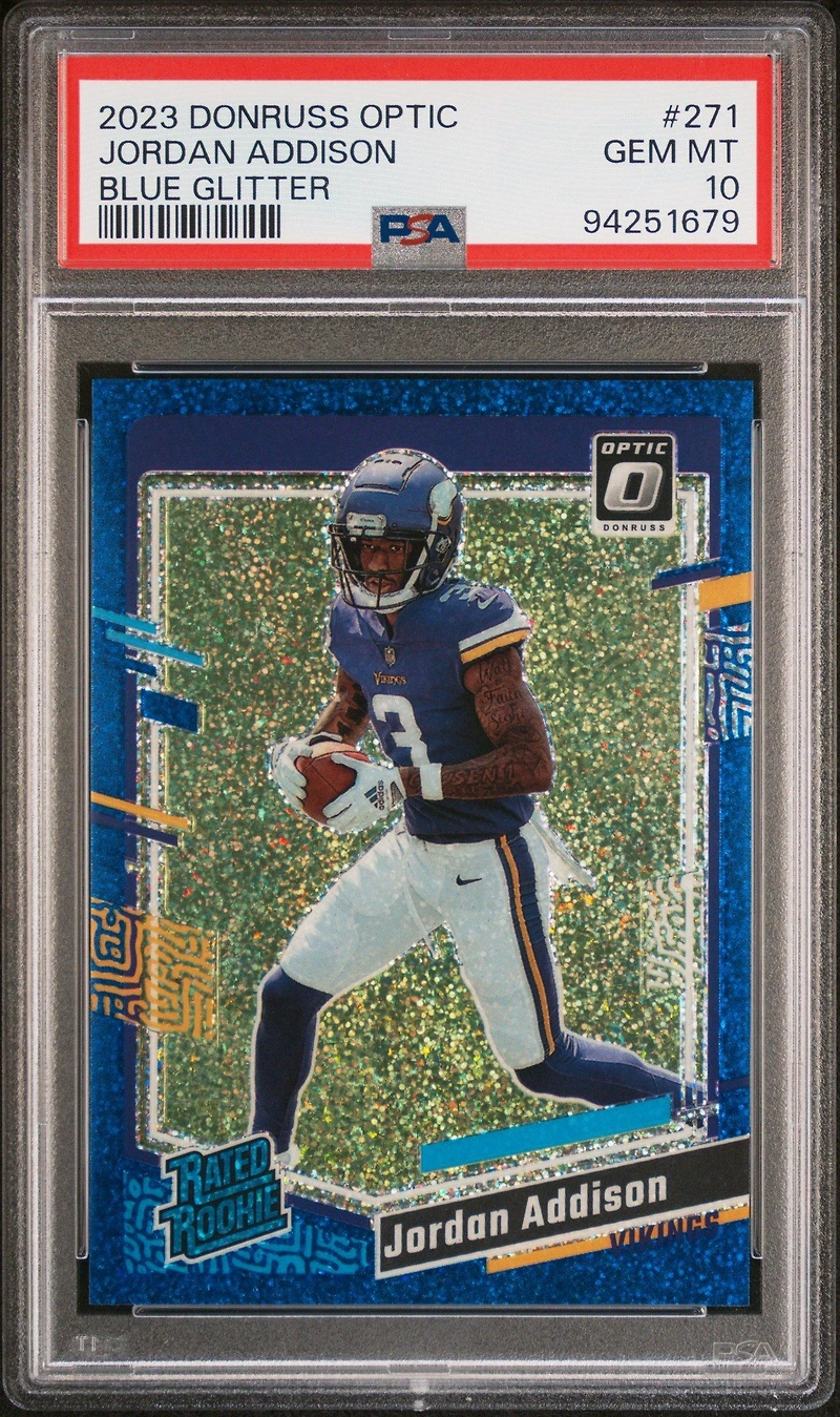 2023 Panini Donruss Optic 271 Jordan Addison Blue Glitter PSA 10