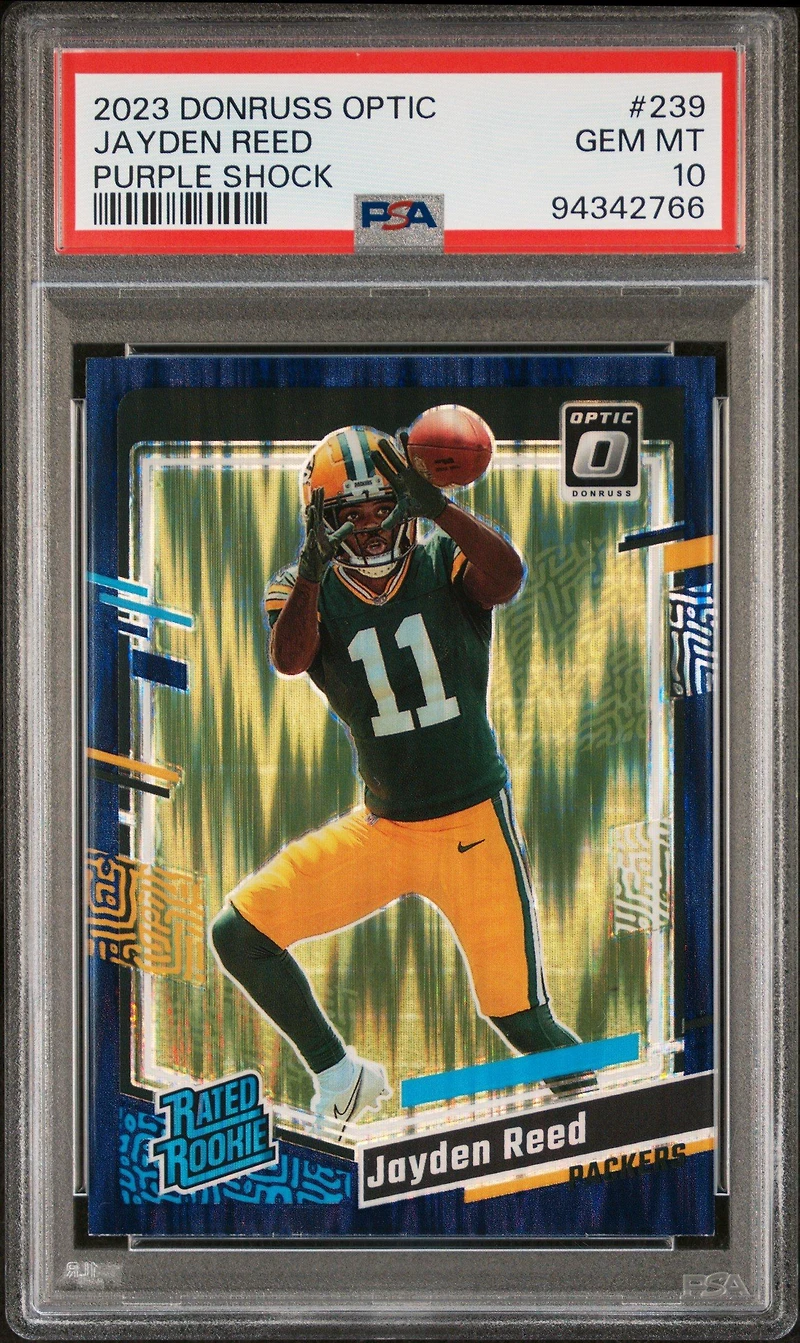 2023 Panini Donruss Optic 239 Jayden Reed Purple Shock PSA 10