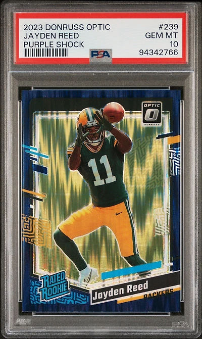 2023 Panini Donruss Optic 239 Jayden Reed Purple Shock PSA 10