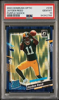2023 Panini Donruss Optic 239 Jayden Reed Purple Shock PSA 10