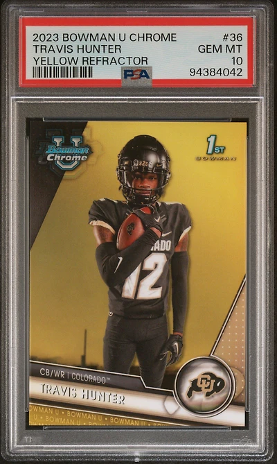 2023 Bowman University Chrome 36 Travis Hunter Yellow Refractor PSA 10