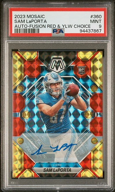2023 Panini Mosaic 360 Sam Laporta Autograph-fusion Red & Yellow Choice PSA 9