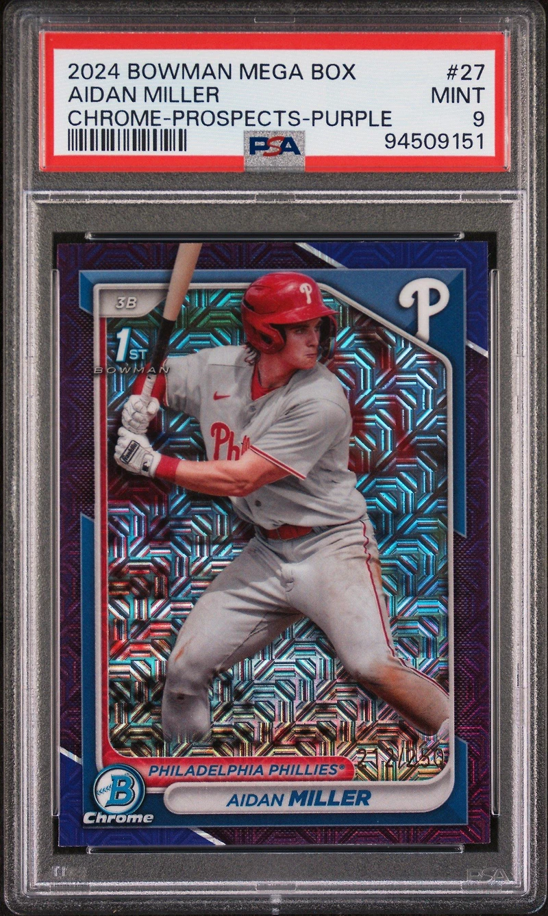 2024 Bowman Mega Box Chrome Prospects 27 Aidan Miller Purple PSA 9