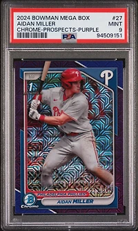 2024 Bowman Mega Box Chrome Prospects 27 Aidan Miller Purple PSA 9
