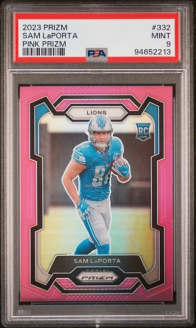 2023 Panini Prizm 332 Sam Laporta Pink Prizm PSA 9
