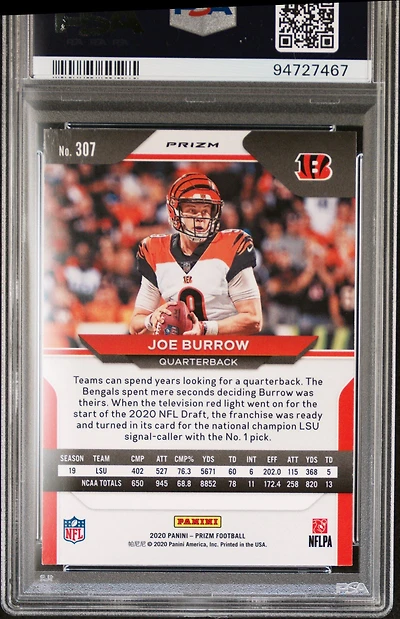 2020 Panini Prizm 307 Joe Burrow Disco Prizm PSA 10