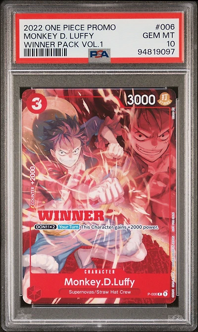 2022 One Piece Promos 006 Monkey D. Luffy Winner Pack Vol.1 PSA 10