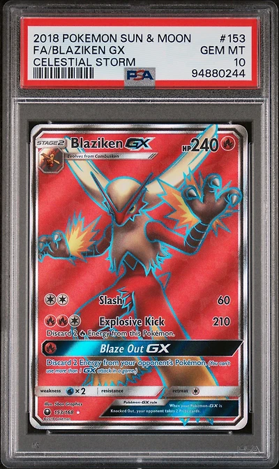 2018 Pokemon Sun & Moon Celestial Storm 153 Full Art/blaziken Gx PSA 10