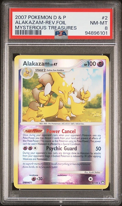 2007 Pokemon Diamond & Pearl Mysterious Treasures 2 Alakazam-reverse Foil PSA 8