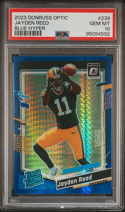 2023 Panini Donruss Optic 239 Jayden Reed Blue Hyper PSA 10