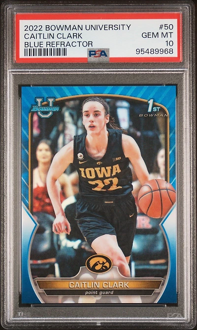 2022 Bowman Chrome University 50 Caitlin Clark Blue Refractor PSA 10