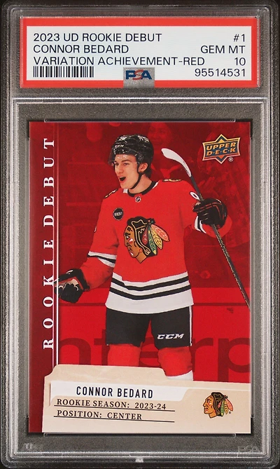 2023 Upper Deck Rookie Debut 1 Connor Bedard Variation Achievement-red PSA 10
