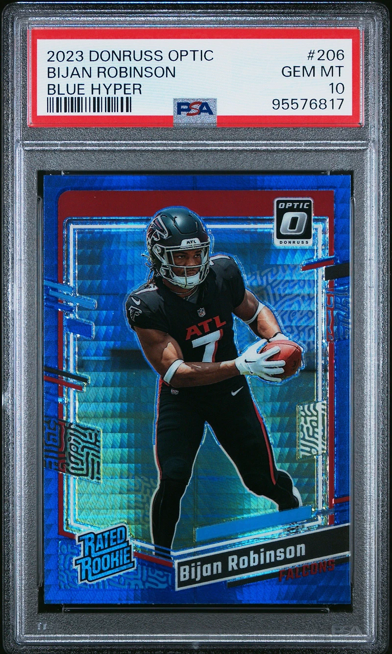 2023 Panini Donruss Optic 206 Bijan Robinson Blue Hyper PSA 10