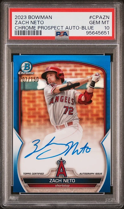2023 Bowman Chrome Prospect Autographs Cpazn Zach Neto Blue Refractor PSA 10