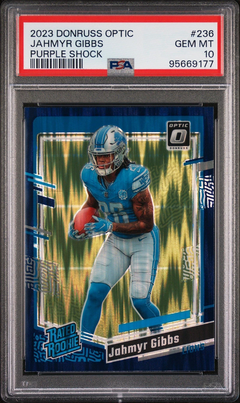 2023 Panini Donruss Optic 236 Jahmyr Gibbs Purple Shock PSA 10