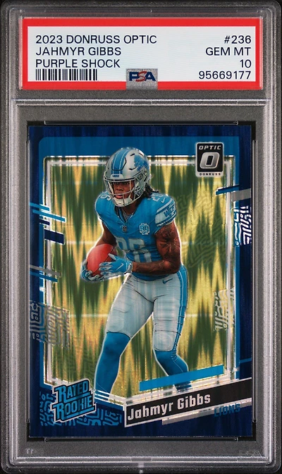 2023 Panini Donruss Optic 236 Jahmyr Gibbs Purple Shock PSA 10