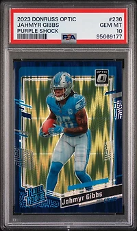 2023 Panini Donruss Optic 236 Jahmyr Gibbs Purple Shock PSA 10