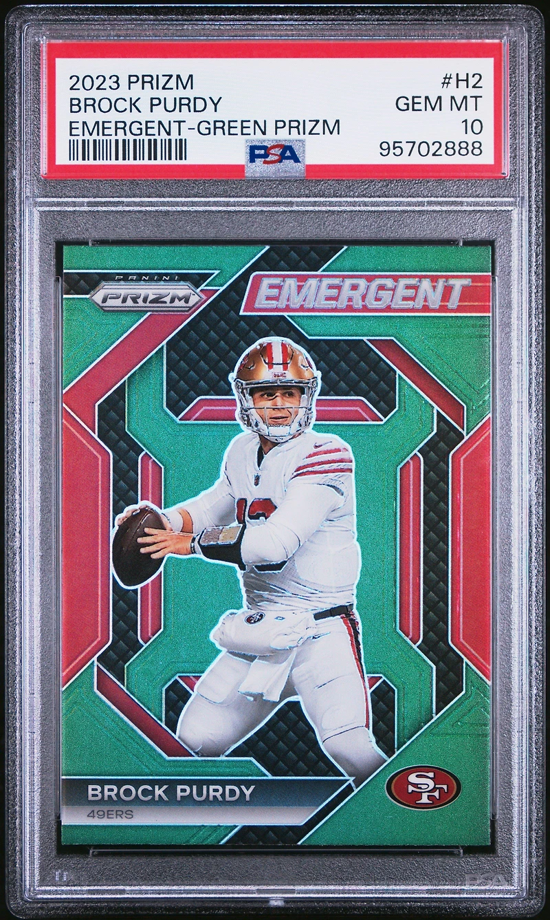 2023 Panini Prizm Emergent H2 Brock Purdy Green Prizm PSA 10