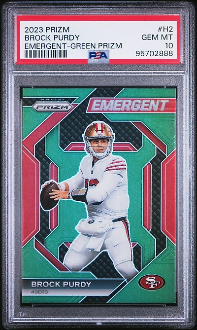 2023 Panini Prizm Emergent H2 Brock Purdy Green Prizm PSA 10