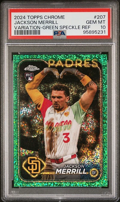 2024 Topps Chrome 207 Jackson Merrill Variation-green Speckle Refractor PSA 10