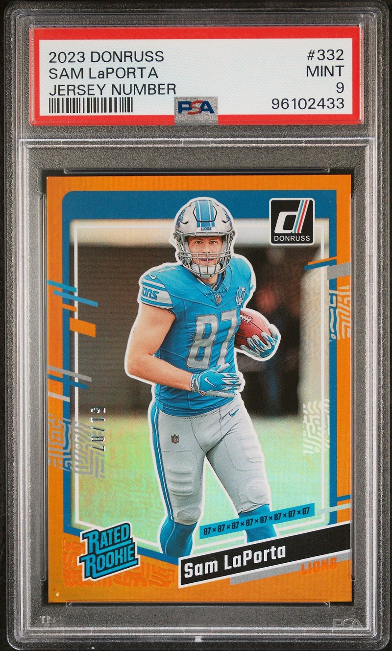 2023 Panini Donruss 332 Sam Laporta Jersey Number PSA 9