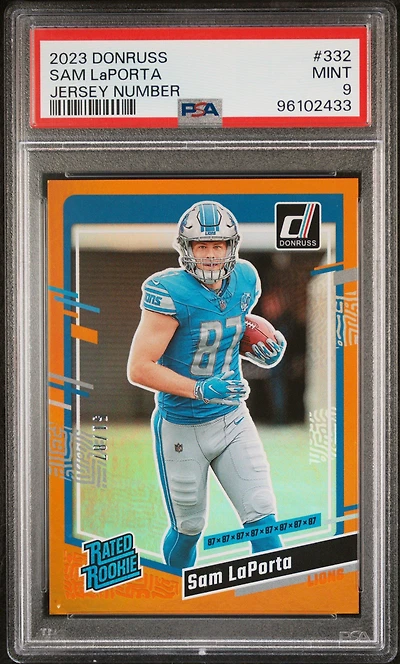 2023 Panini Donruss 332 Sam Laporta Jersey Number PSA 9