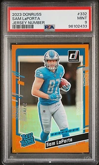 2023 Panini Donruss 332 Sam Laporta Jersey Number PSA 9