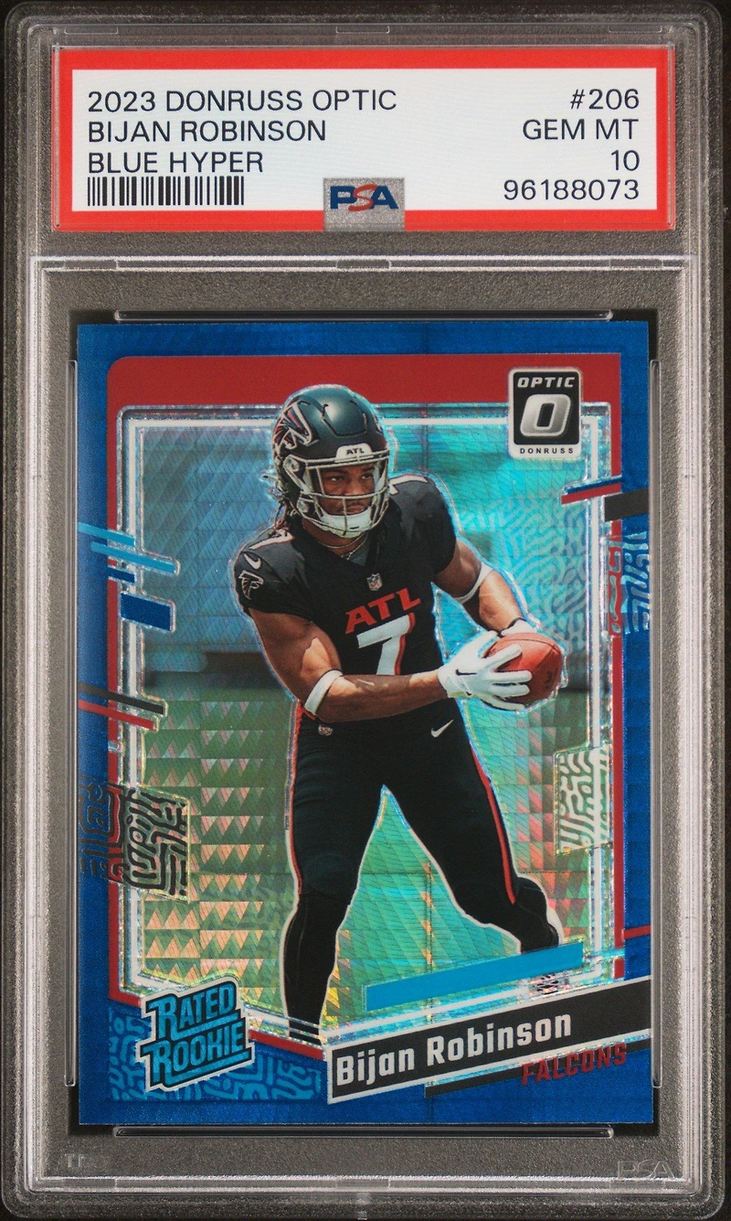 2023 Panini Donruss Optic 206 Bijan Robinson Blue Hyper PSA 10