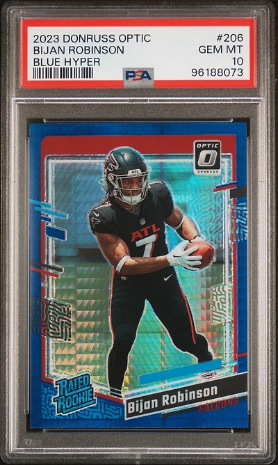 2023 Panini Donruss Optic 206 Bijan Robinson Blue Hyper PSA 10