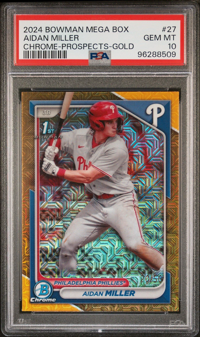 2024 Bowman Mega Box Chrome Prospects 27 Aidan Miller Gold Refractor PSA 10