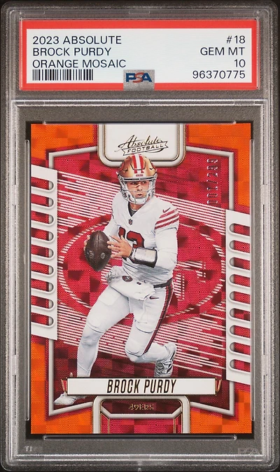 2023 Panini Absolute 18 Brock Purdy Orange Mosaic PSA 10