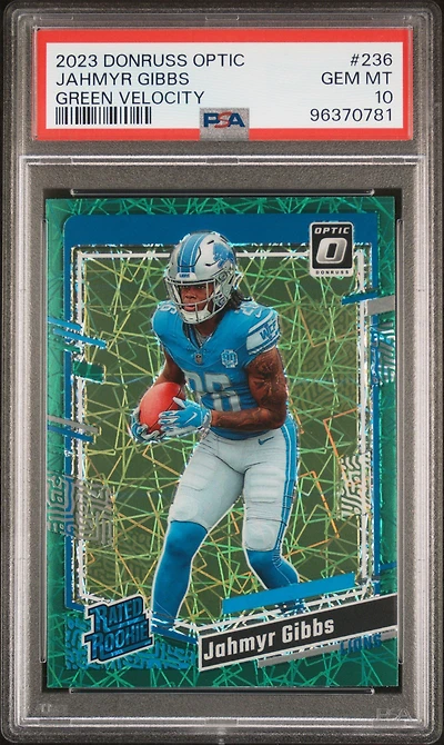 2023 Panini Donruss Optic 236 Jahmyr Gibbs Green Velocity PSA 10