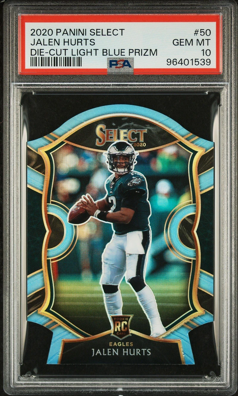 2020 Panini Select 50 Jalen Hurts Die-cut Light Blue Prizm PSA 10